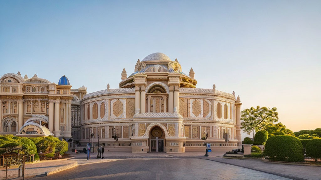 Opulent building with domes and intricate designs at dusk or dawn