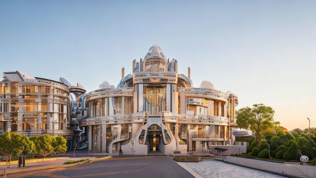 Futuristic building with multiple domes and intricate architecture at sunrise