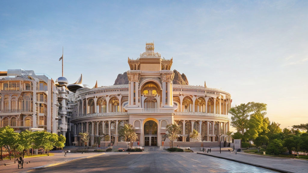 Classical building with grand entrance and columns beside modern structures under soft evening sky