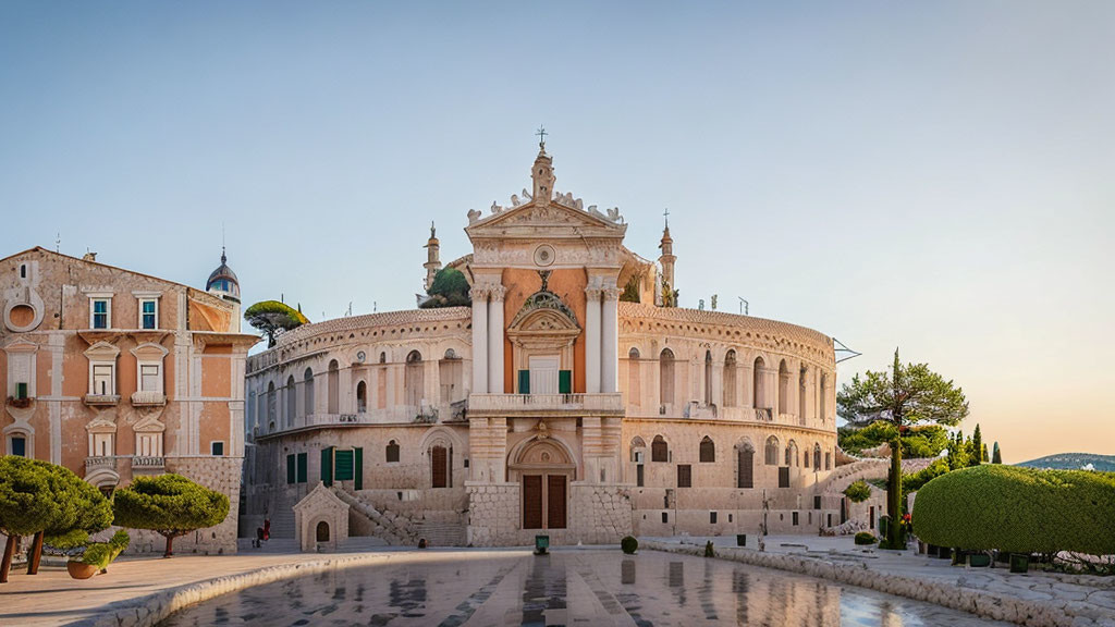 Historical building surrounded by trees in serene plaza