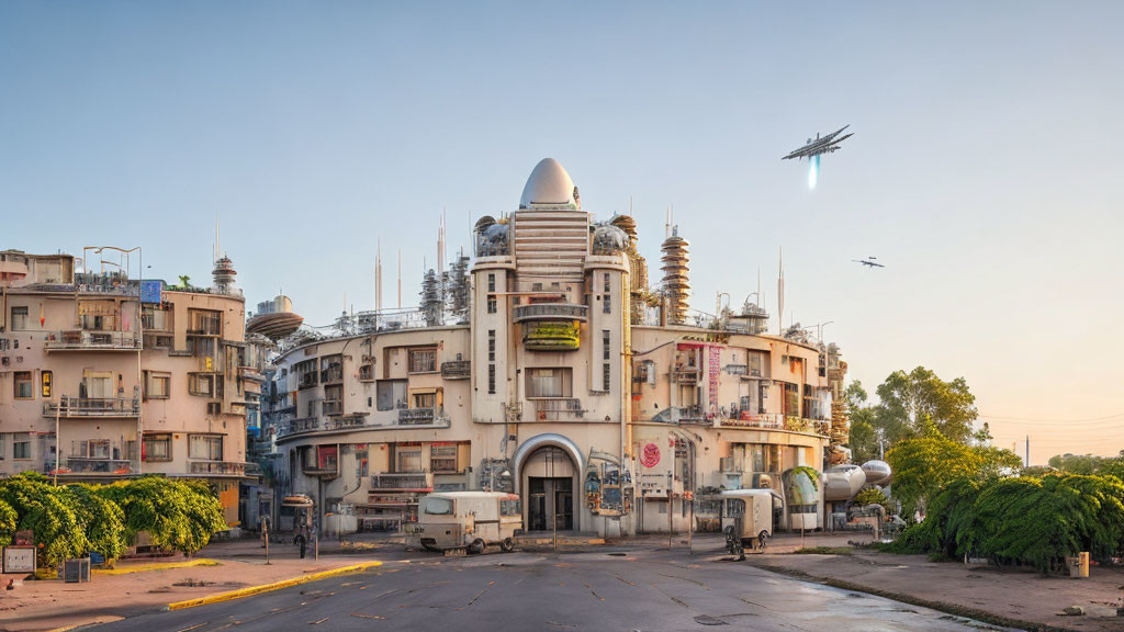 Futuristic curved building among traditional structures with airplanes in the sky