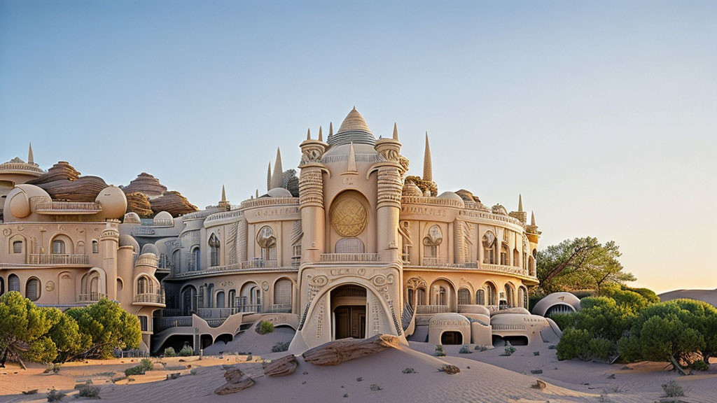 Palace-like structure with domes and arches in desert setting