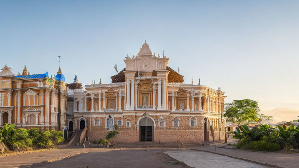 Elaborate Building with Multiple Domes and Blue Sky