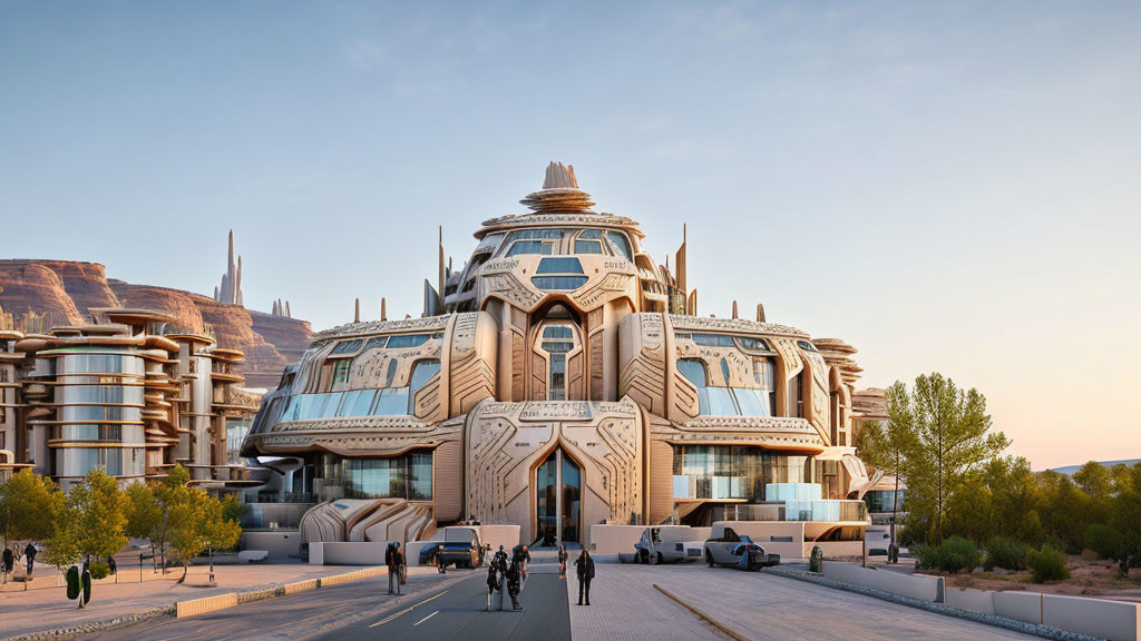 Intricate futuristic building against mountain backdrop