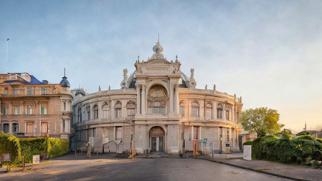 Historic building with intricate façades under clear blue sky at golden hour