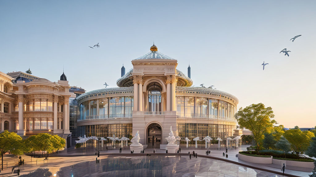 Classical architecture with domed glass ceiling, sculptures, trees, and flying birds.