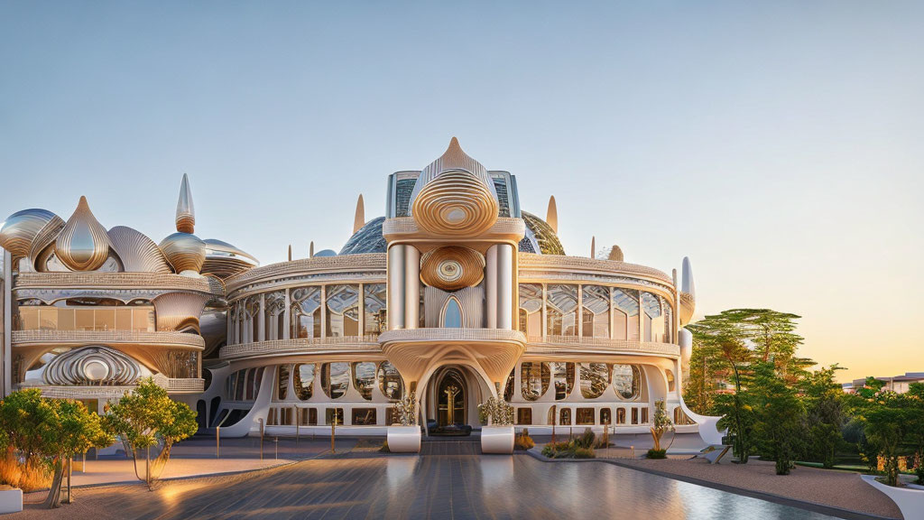 Modern building with dome-like structures and large windows against clear dusk sky