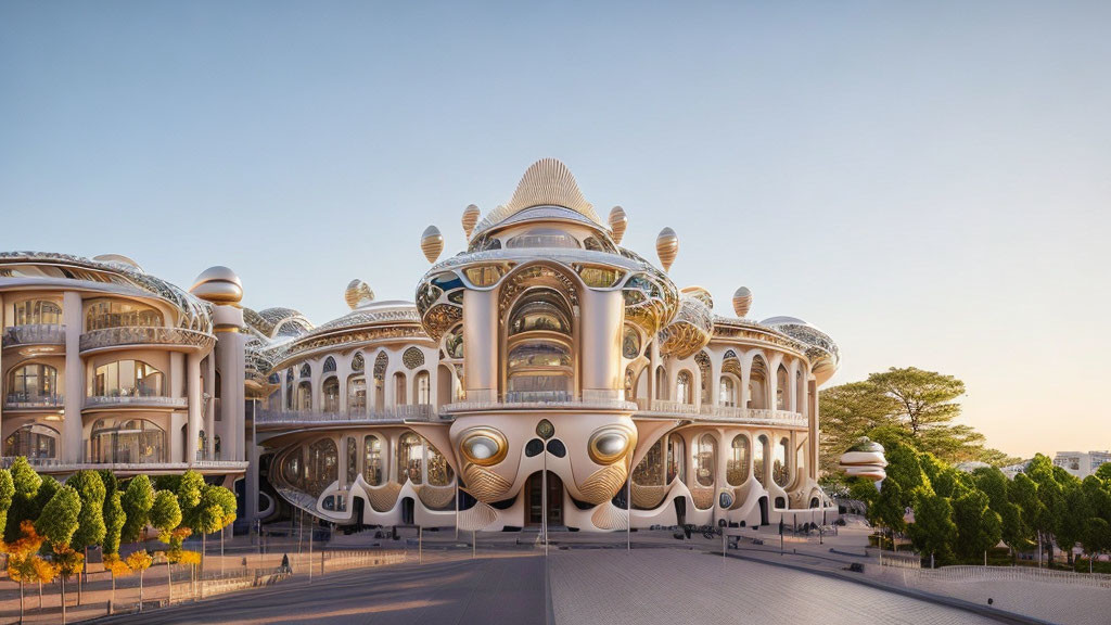 Symmetrical futuristic building with dome-like structures and ornate detailing