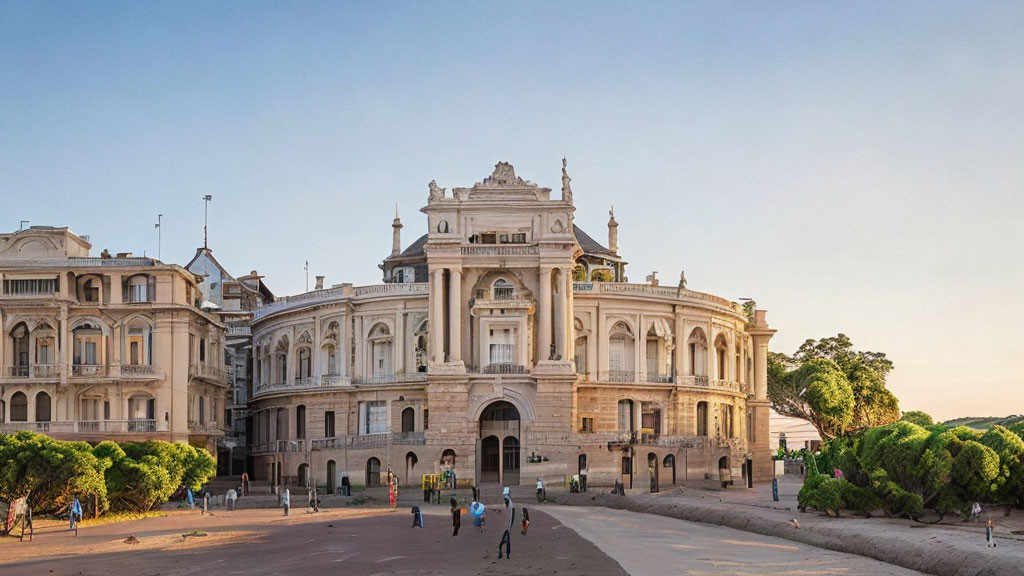 Elegant neoclassical building at sunset with lush surroundings