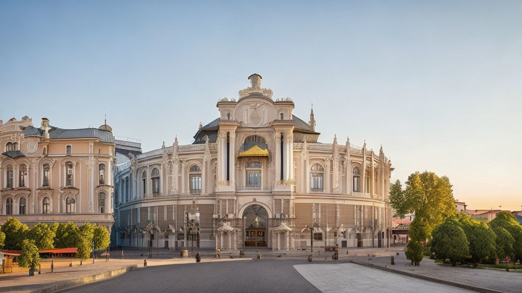 White building with intricate architecture and arched entrance in spacious square at dusk