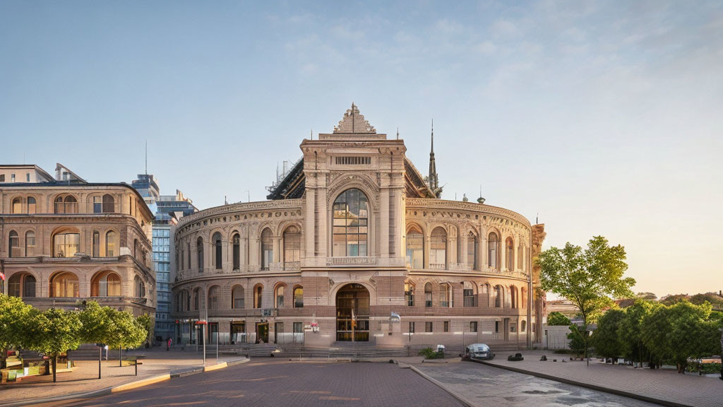 Neoclassical European Theater with Grand Facade at Dusk