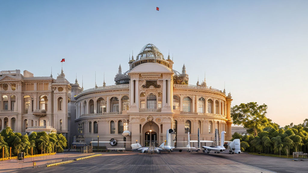 Classic Architecture Building with Multiple Domes and Parked Aircraft at Sunset