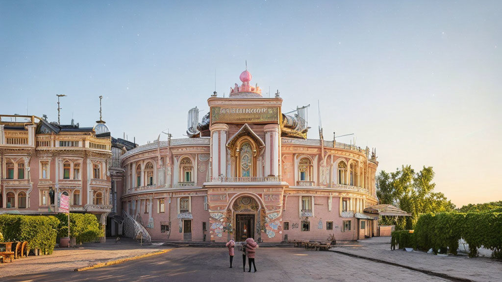 Ornate pink and beige building with dome and intricate architecture at dusk