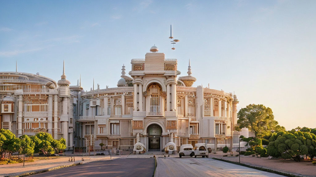 Colonial-style building with grand entrance and dome at dusk