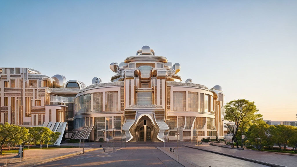 Futuristic rounded glass building in empty plaza at dusk