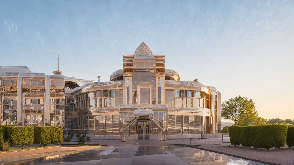 Glass building with central dome & symmetrical wings at sunset