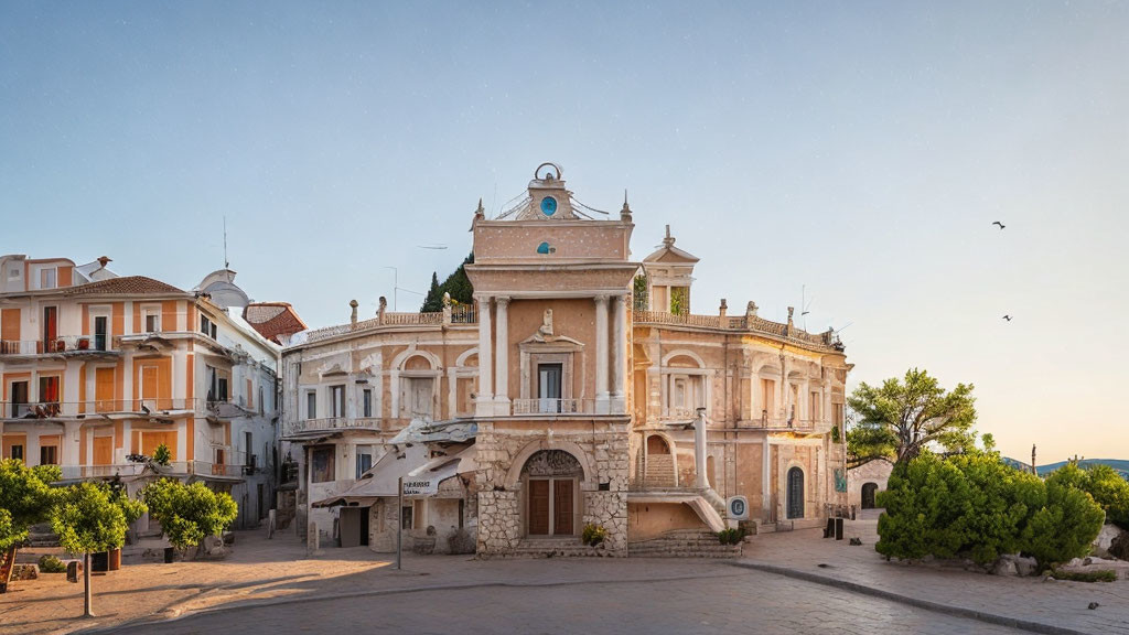 Historic building and orange-hued residences in serene square