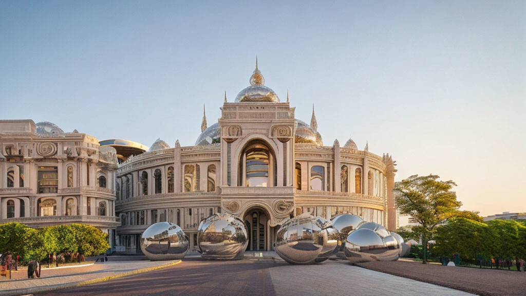 White classical architecture with golden domes and intricate details in warm sunlight.