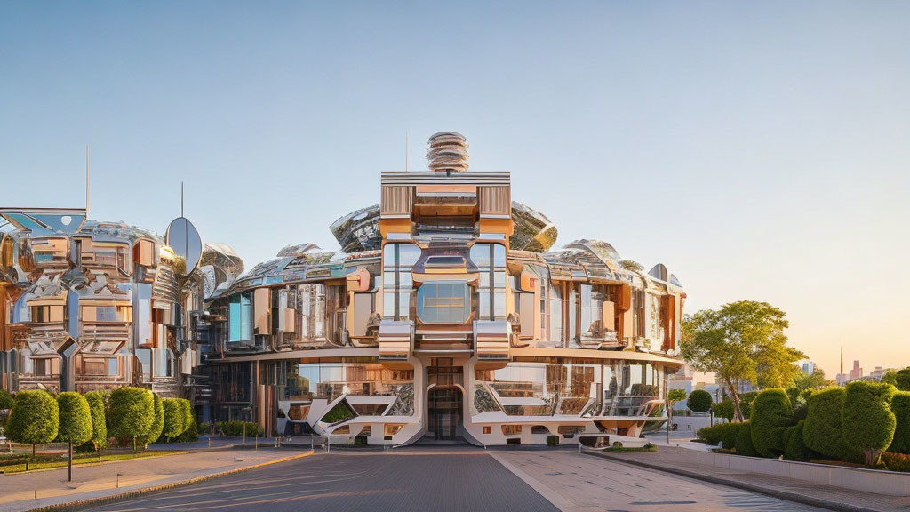 Symmetrical futuristic building with cylindrical elements and glass domes