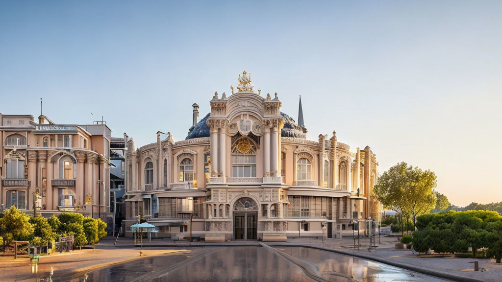 Classical-style building with ornate detailing surrounded by modern structures on a sunny street