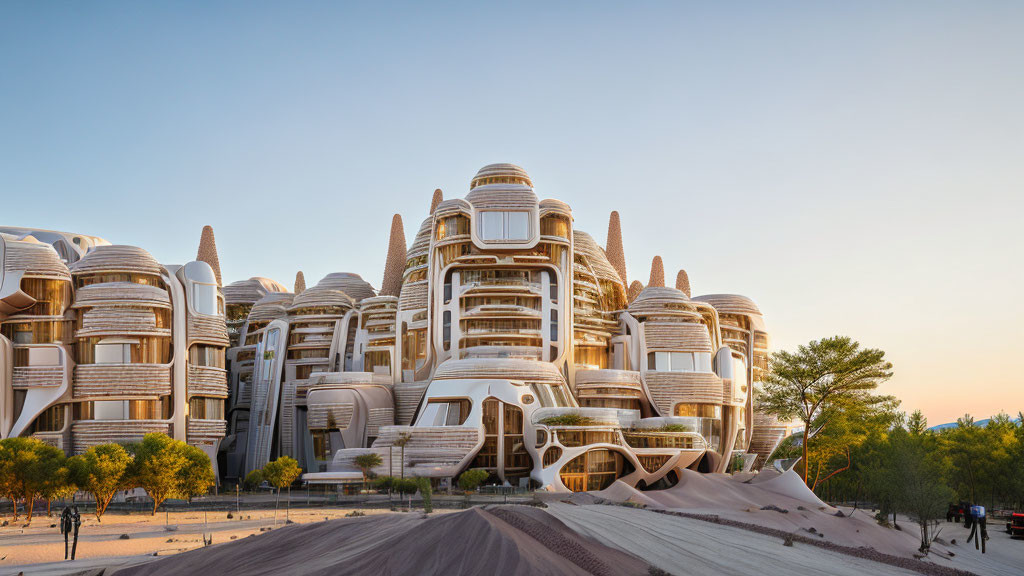 Futuristic multi-story biomorphic buildings in desert landscape at dusk