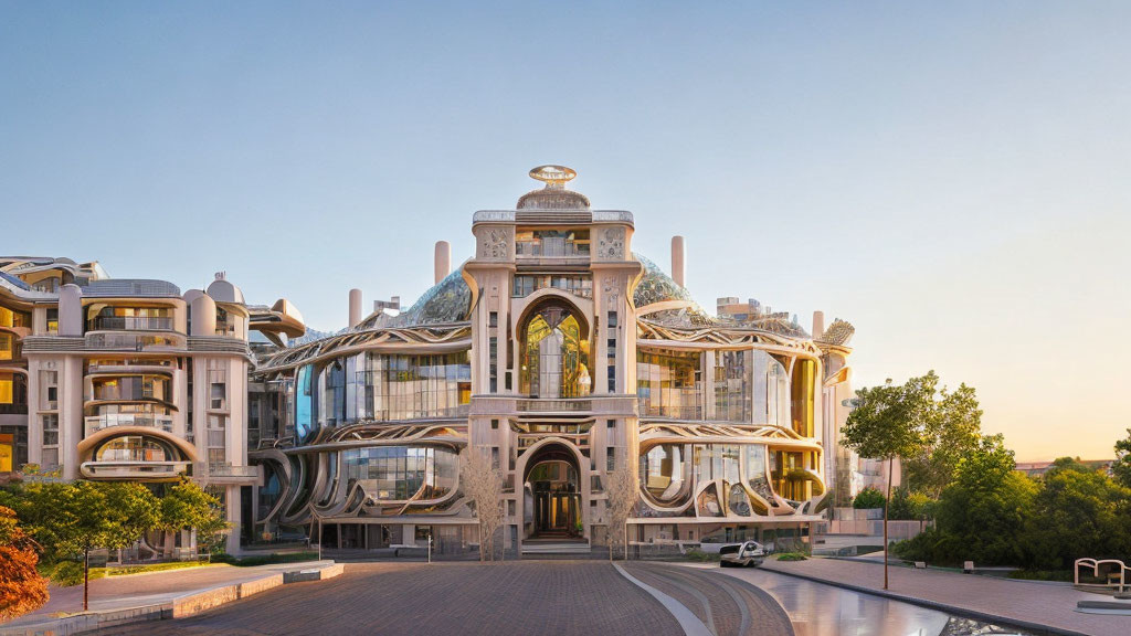 Ornate modern architecture with curved designs and glass facade among symmetrical residential buildings at dusk