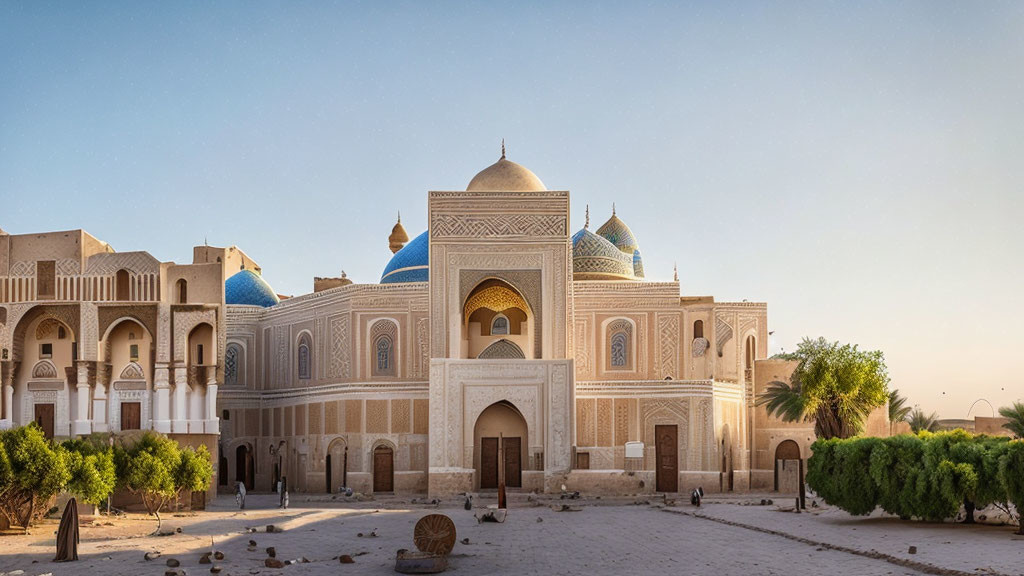 Traditional Middle Eastern architecture with central dome and arched doorway, surrounded by ornate windows under clear sky