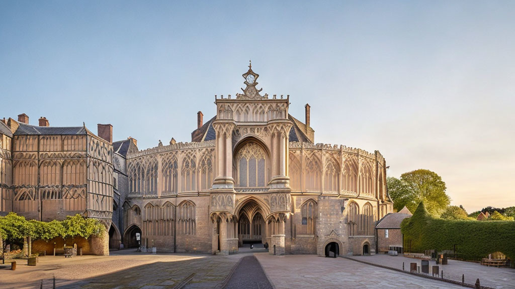 Historical Gothic cathedral at dusk with ornate architecture