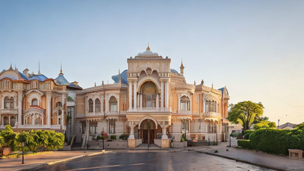 Ornate building with central archway and domed windows