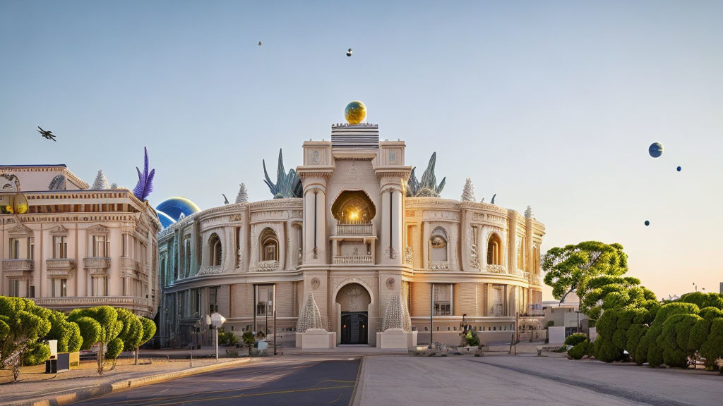 Fantasy-themed building with ornate architecture and golden orb, surrounded by flying objects and hot air balloons