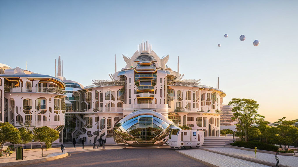 Modern white architecture in futuristic cityscape with levitating pod and balloon-like structures at dusk