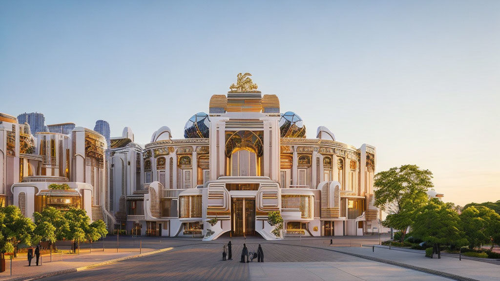 Neoclassical building with golden dome among modern structures at sunset