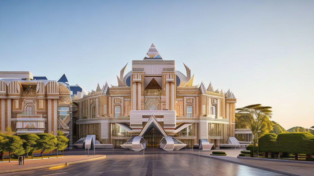 Pyramid-inspired modern building against clear blue sky