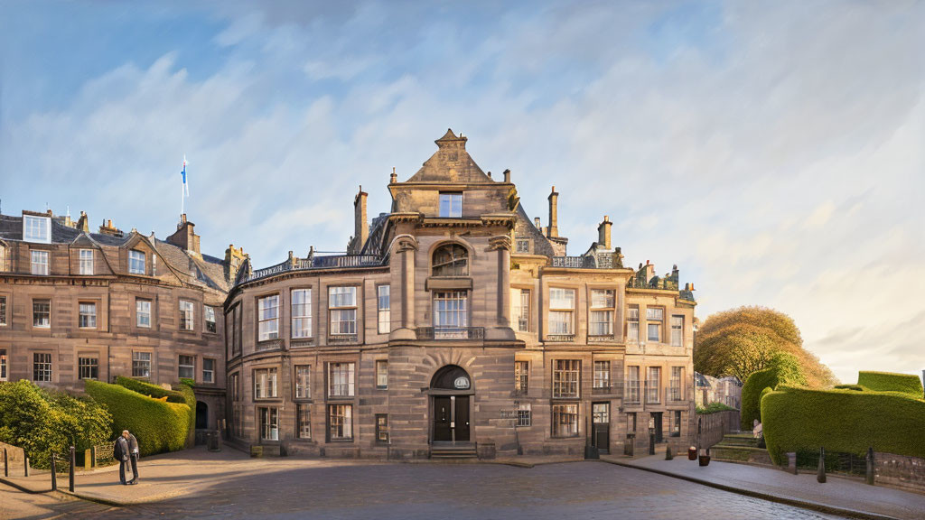 Stone building with Scottish flag, manicured hedges, pedestrians, and cloudy sky