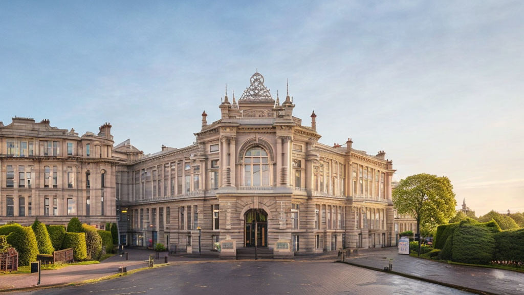 Historic building with classical facade and ornate decorations against blue sky