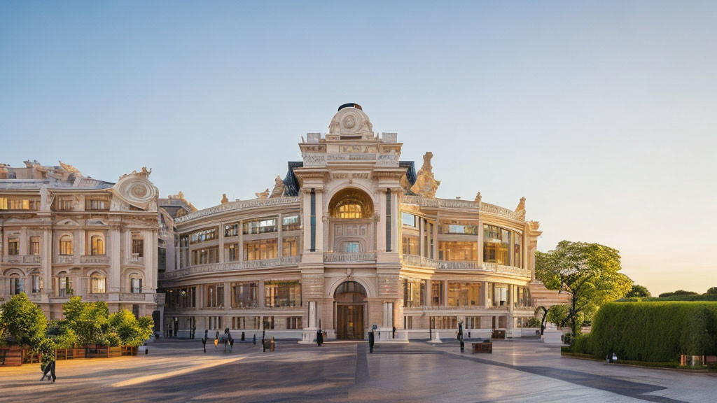 Historic building with intricate facade details and sculptures at sunset