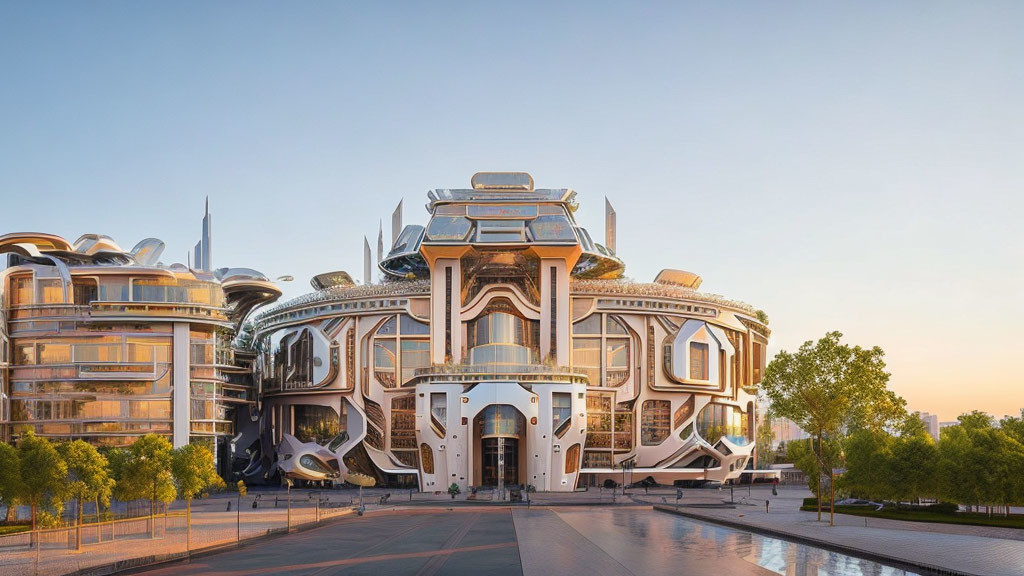 Elaborate futuristic building with metallic adornments at dawn or dusk