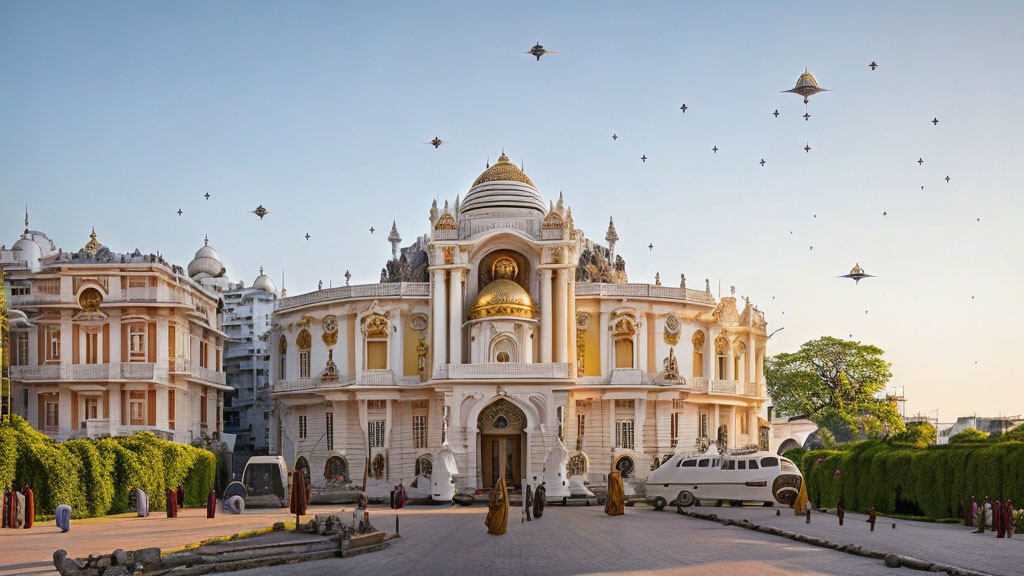 White and Gold Palace with Domes and Blue Sky Scene