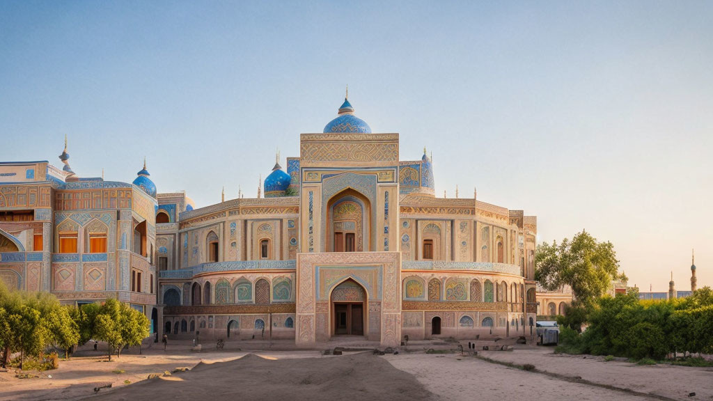 Traditional Building with Blue Domes and Intricate Patterns under Warm Light