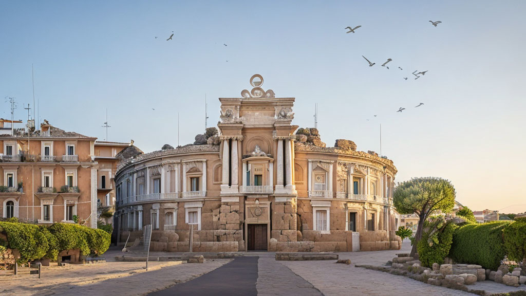 Baroque architecture in historic stone building at sunset