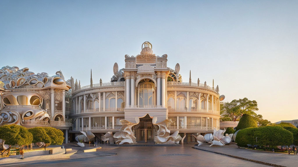 Elaborate architectural details on ornate building at sunset