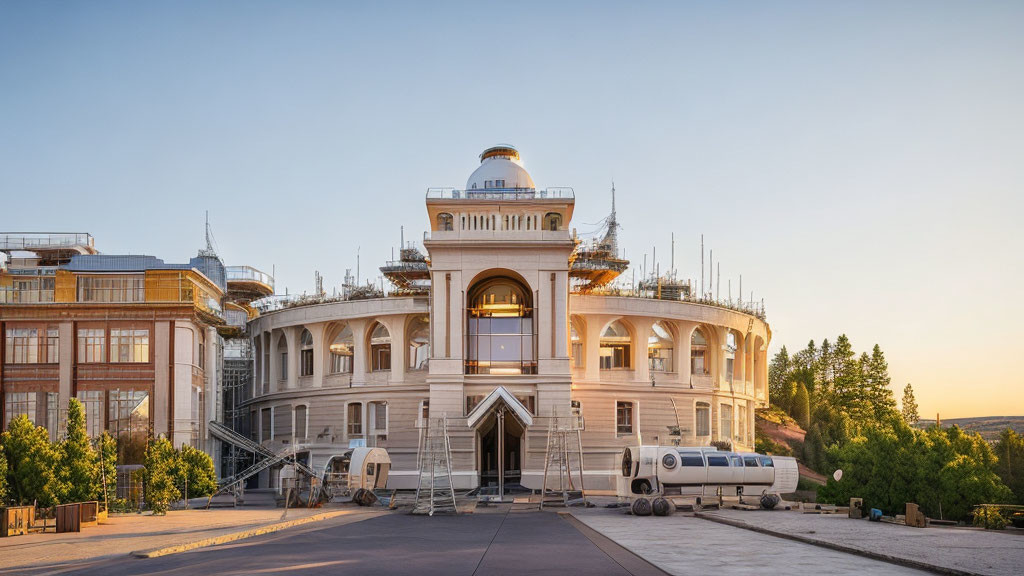 Neoclassical Building Under Construction with Scaffolding at Dusk