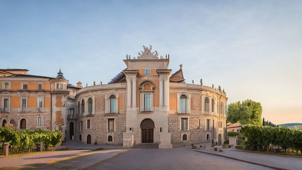 Historic building with grand entrance, classical sculptures, symmetrical wings, and tree surroundings