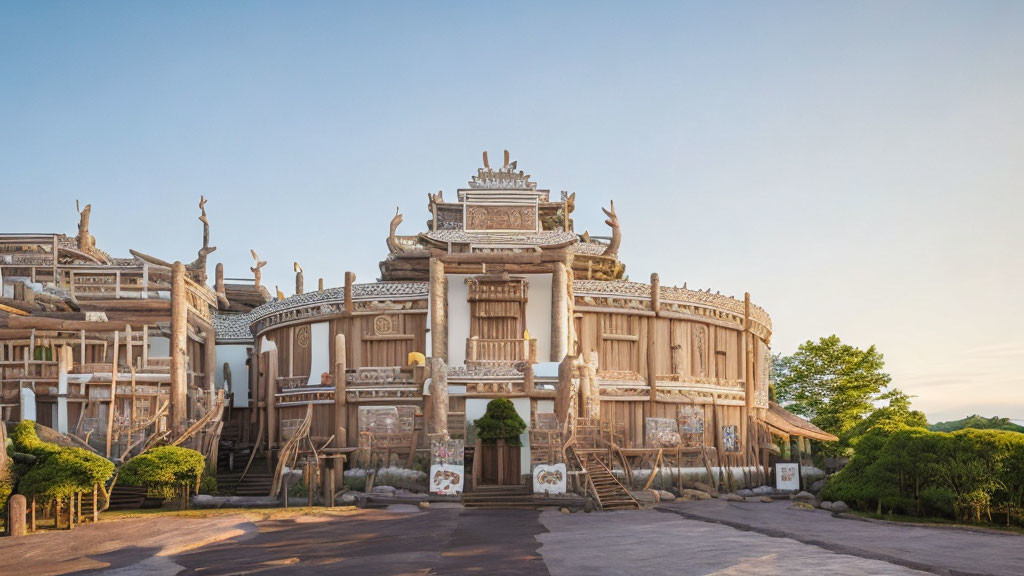 Traditional Architectural Building with Grand Staircase and Wood Carvings