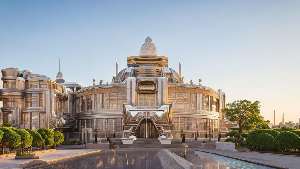 Modern building with metallic design, domes, and greenery under clear dusk sky