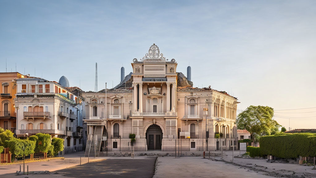 Historic building with intricate facade and central balcony surrounded by modern buildings at dusk