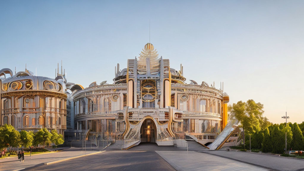 Futuristic building with intricate details at sunset