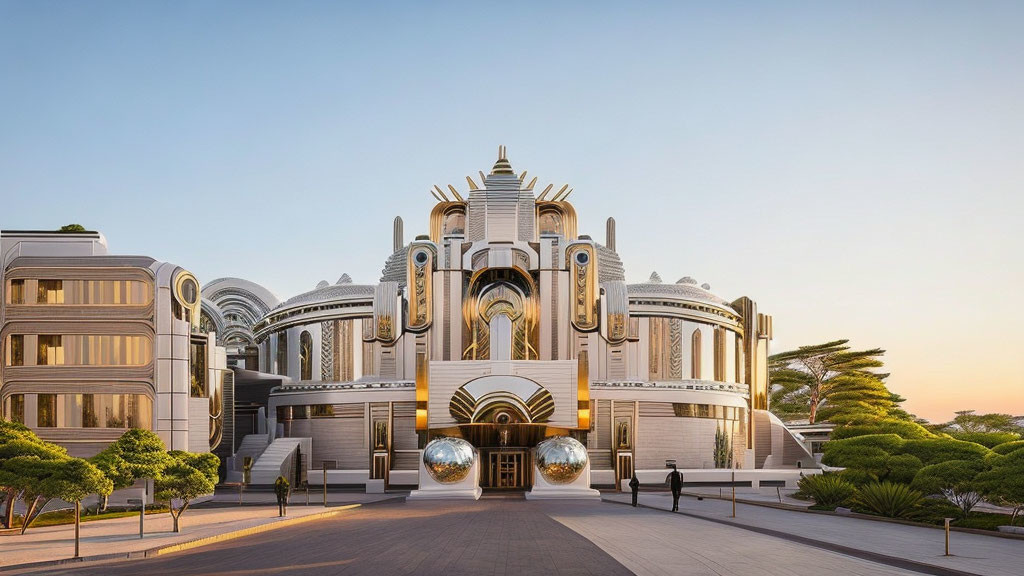 Art Deco building with reflective spheres and modern structures under clear sky