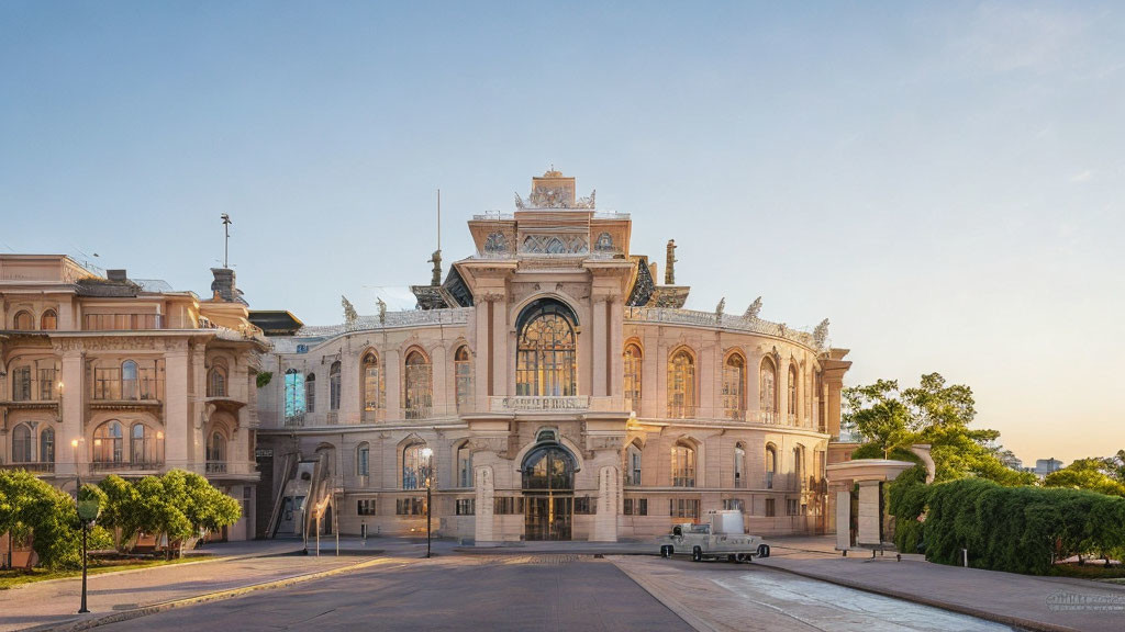 Neoclassical building with intricate façades at sunset