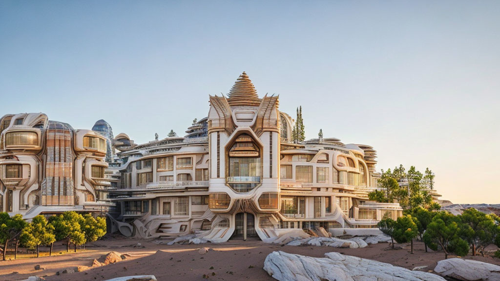 Organically shaped futuristic architecture with rounded balconies and large glass windows in desert setting